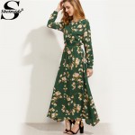 Sheinside Green Blossom Print Buttoned Front Bohemian Long Dress Autumn New Style Women Round Neck Long Sleeve Maxi Dress