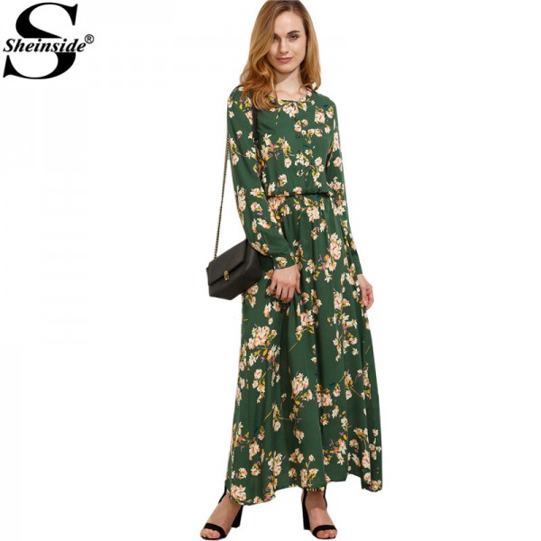 Sheinside Green Blossom Print Buttoned Front Bohemian Long Dress Autumn New Style Women Round Neck Long Sleeve Maxi Dress