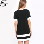 Sheinside Ladies Color Block Casual Mini Dresses New Summer Style Black White Patchwork Crew Neck Short Sleeve Shift Dress