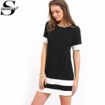 Sheinside Ladies Color Block Casual Mini Dresses New Summer Style Black White Patchwork Crew Neck Short Sleeve Shift Dress