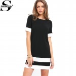 Sheinside Ladies Color Block Casual Mini Dresses New Summer Style Black White Patchwork Crew Neck Short Sleeve Shift Dress