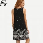 Sheinside Ladies Vintage Boho Summer Dress Black Polka Dot Print Straight Dresses Cute Women Crew Neck Sleeveless Mini Dress