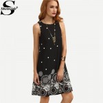 Sheinside Ladies Vintage Boho Summer Dress Black Polka Dot Print Straight Dresses Cute Women Crew Neck Sleeveless Mini Dress