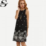 Sheinside Ladies Vintage Boho Summer Dress Black Polka Dot Print Straight Dresses Cute Women Crew Neck Sleeveless Mini Dress