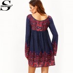 Sheinside Navy Tie Neck Floral Print Short Dress Bohemian Clothing 2016 Fall Ladies Round Neck Logn Sleeve Shift Mini Dress