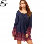 Sheinside Navy Tie Neck Floral Print Short Dress Bohemian Clothing 2016 Fall Ladies Round Neck Logn Sleeve Shift Mini Dress