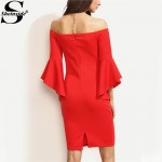 Sheinside Red Ruffle Sleeve Off The Shoulder Split Sheath Mini Dress Ladies Sexy Three Quarter Length Sleeve Bodycon Dress