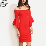 Sheinside Red Ruffle Sleeve Off The Shoulder Split Sheath Mini Dress Ladies Sexy Three Quarter Length Sleeve Bodycon Dress