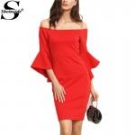 Sheinside Red Ruffle Sleeve Off The Shoulder Split Sheath Mini Dress Ladies Sexy Three Quarter Length Sleeve Bodycon Dress