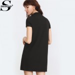 Sheinside Summer Designer Dresses for Women Shift Dresses  Black Embroidered Rose Applique Mesh Neck Straight Dress 