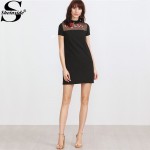 Sheinside Summer Designer Dresses for Women Shift Dresses  Black Embroidered Rose Applique Mesh Neck Straight Dress 