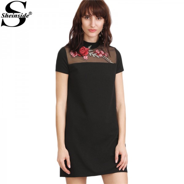 Sheinside Summer Designer Dresses for Women Shift Dresses  Black Embroidered Rose Applique Mesh Neck Straight Dress 