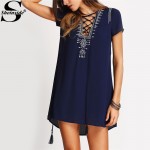 Sheinside Vintage Boho Lace Up Print Front Dresses 2016 New Casual Summer Style Women Short Sleeve Royal Blue Shift Dress