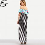 Sheinside Woman Summer Off The Shoulder Polka Dot Ruffle Maxi Dresses Ladies Beach Backless 2016 Multicolor Long Dress