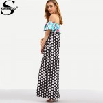 Sheinside Woman Summer Off The Shoulder Polka Dot Ruffle Maxi Dresses Ladies Beach Backless 2016 Multicolor Long Dress