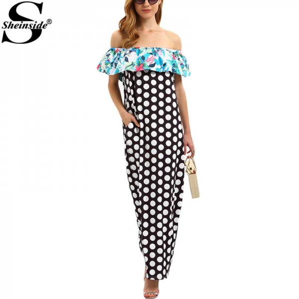 Sheinside Woman Summer Off The Shoulder Polka Dot Ruffle Maxi Dresses Ladies Beach Backless 2016 Multicolor Long Dress