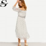 Sheinside Women Beach Black White Print Off The Shoulder High Low Dresses Ladies Summer Style Half Sleeve Chiffon Midi Dress