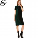 Sheinside Women Office Knee Length Short Sleeve Straight Dress Dark Green Mock Neck Zip Up Striped Velvet Dress 