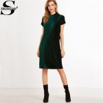 Sheinside Women Office Knee Length Short Sleeve Straight Dress Dark Green Mock Neck Zip Up Striped Velvet Dress 