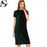 Sheinside Women Office Knee Length Short Sleeve Straight Dress Dark Green Mock Neck Zip Up Striped Velvet Dress 