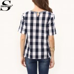 Sheinside Women Summer Style White Royal Blue Check Crew Neck Tees Women Tops Casual Shirts Short Sleeve Plaid T-shirt