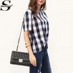 Sheinside Women Summer Style White Royal Blue Check Crew Neck Tees Women Tops Casual Shirts Short Sleeve Plaid T-shirt