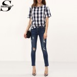 Sheinside Women Summer Style White Royal Blue Check Crew Neck Tees Women Tops Casual Shirts Short Sleeve Plaid T-shirt