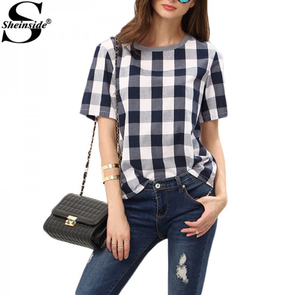 Sheinside Women Summer Style White Royal Blue Check Crew Neck Tees Women Tops Casual Shirts Short Sleeve Plaid T-shirt