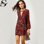 Sheinside Women Vintage Boho Dress Female High Street V Neck Wine Red Clothing Fashion Designer Long Sleeve Floral Dress