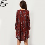 Sheinside Women Vintage Boho Dress Female High Street V Neck Wine Red Clothing Fashion Designer Long Sleeve Floral Dress