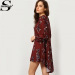 Sheinside Women Vintage Boho Dress Female High Street V Neck Wine Red Clothing Fashion Designer Long Sleeve Floral Dress