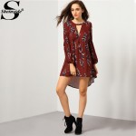 Sheinside Women Vintage Boho Dress Female High Street V Neck Wine Red Clothing Fashion Designer Long Sleeve Floral Dress