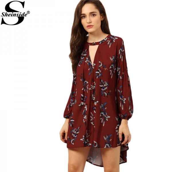 Sheinside Women Vintage Boho Dress Female High Street V Neck Wine Red Clothing Fashion Designer Long Sleeve Floral Dress