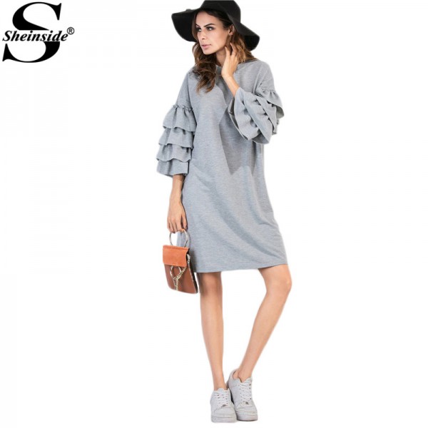 Sheinside Womens Dresses New Arrival European Style Autumn Winter Dress Tiered Ruffle Sleeve Tunic Tee Dress 