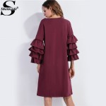 Sheinside Womens Dresses New Arrival European Style Autumn Winter Dress Tiered Ruffle Sleeve Tunic Tee Dress 