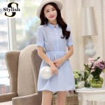 Shirt Dress Women Summer Dress 2017 Fashion Korean Female Short Sleeve White And Blue Striped Linen Casual Dresses For Ladies