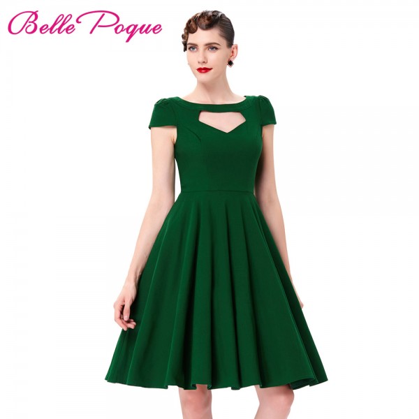 Short Sleeve Pin Up Big Swing 50s Dress Summer Vintage Green Red Black Hollowed Front Knee Length Retro Casual Rockabilly Dress