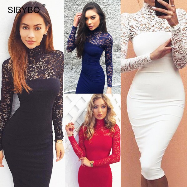 Sibybo 2018 Autumn Summer Women Dress Fashion Long Sleeve Vintage Lace Patchwork Sexy Bodycon Bandage Party Club Dresses