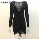 Sibybo Black Mesh Party Dresses 2017 Autumn Winter Long Sleeve Vestido Femme Sexy V Neck Drawstring Pleated Bodycon Club Dress