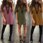 Sibybo Summer T Shirt Dress 2018 Women Deep V Neck Lace Up  Sexy Bodycon Bandage Party Dresses Casual T-Shirt Dress Vestidos