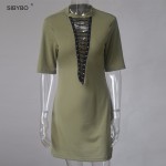 Sibybo Summer T Shirt Dress 2018 Women Deep V Neck Lace Up  Sexy Bodycon Bandage Party Dresses Casual T-Shirt Dress Vestidos