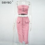 Sibybo Winter Autumn Suede Dress Off Shoulder High Waist 2 Piece Set Women Dress Lace Up Vintage Sexy Club Bodycon Party Dresses