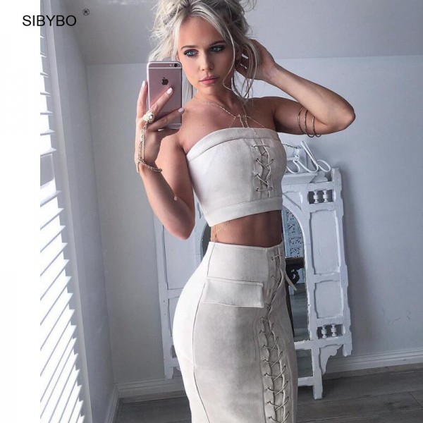 Sibybo Winter Autumn Suede Dress Off Shoulder High Waist 2 Piece Set Women Dress Lace Up Vintage Sexy Club Bodycon Party Dresses