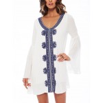 Simenual BOHO embroidery sexy beach dress flare sleeve oversize vintage pareos swimwear 2017 summer style hot short dresses sale