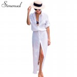 Simenual BOHO white shirt long dress beachwear casual long sleeve sexy hot summer beach maxi dresses women buttons pareos output