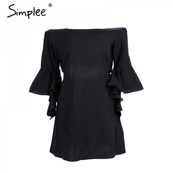 Simplee Apparel Sexy off shoulder cotton black dresses women Sexy hollow out flare sleeve girl dress Summer beach dress vestidos