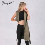 Simplee Autumn Elegant army green suede trench coat vest Fashion pocket belt long outwear 2016 Turn down collar cool waistcoat