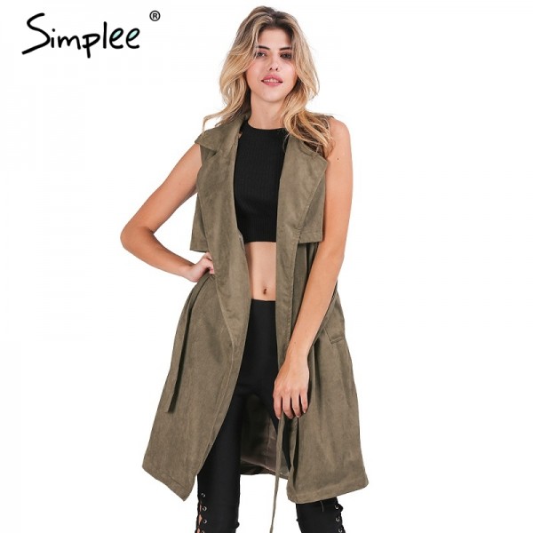 Simplee Autumn Elegant army green suede trench coat vest Fashion pocket belt long outwear 2016 Turn down collar cool waistcoat