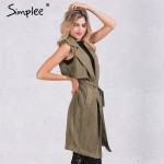 Simplee Autumn Elegant army green suede trench coat vest Fashion pocket belt long outwear 2016 Turn down collar cool waistcoat