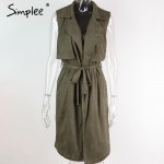 Simplee Autumn Elegant army green suede trench coat vest Fashion pocket belt long outwear 2016 Turn down collar cool waistcoat